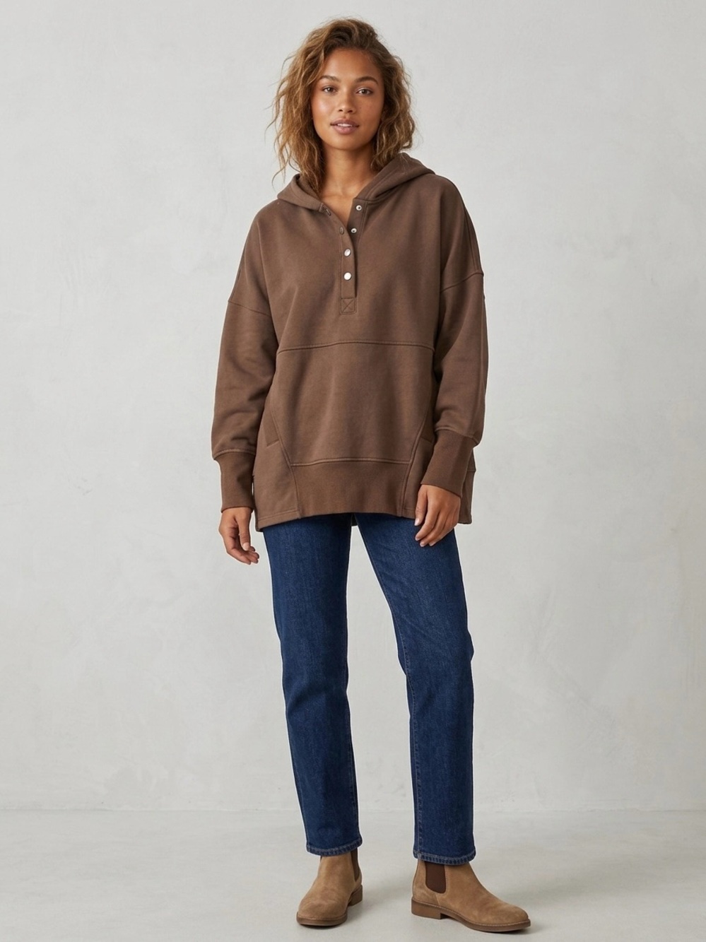 Amazon Brown Hooded Pullover Sweatshirt with Snap Placket